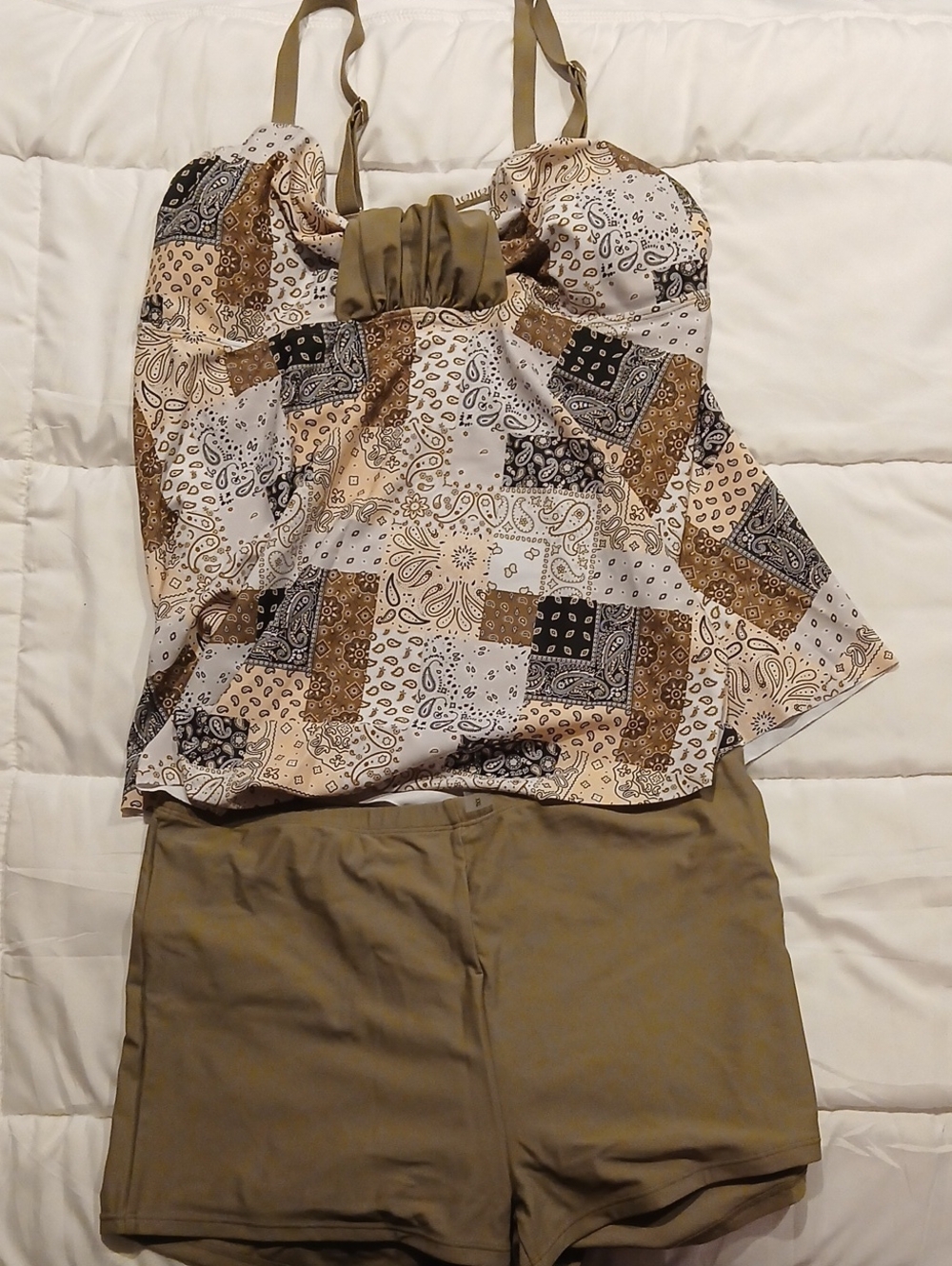 Neutral Bandana Print Tankini Top with Olive Swim Shorts